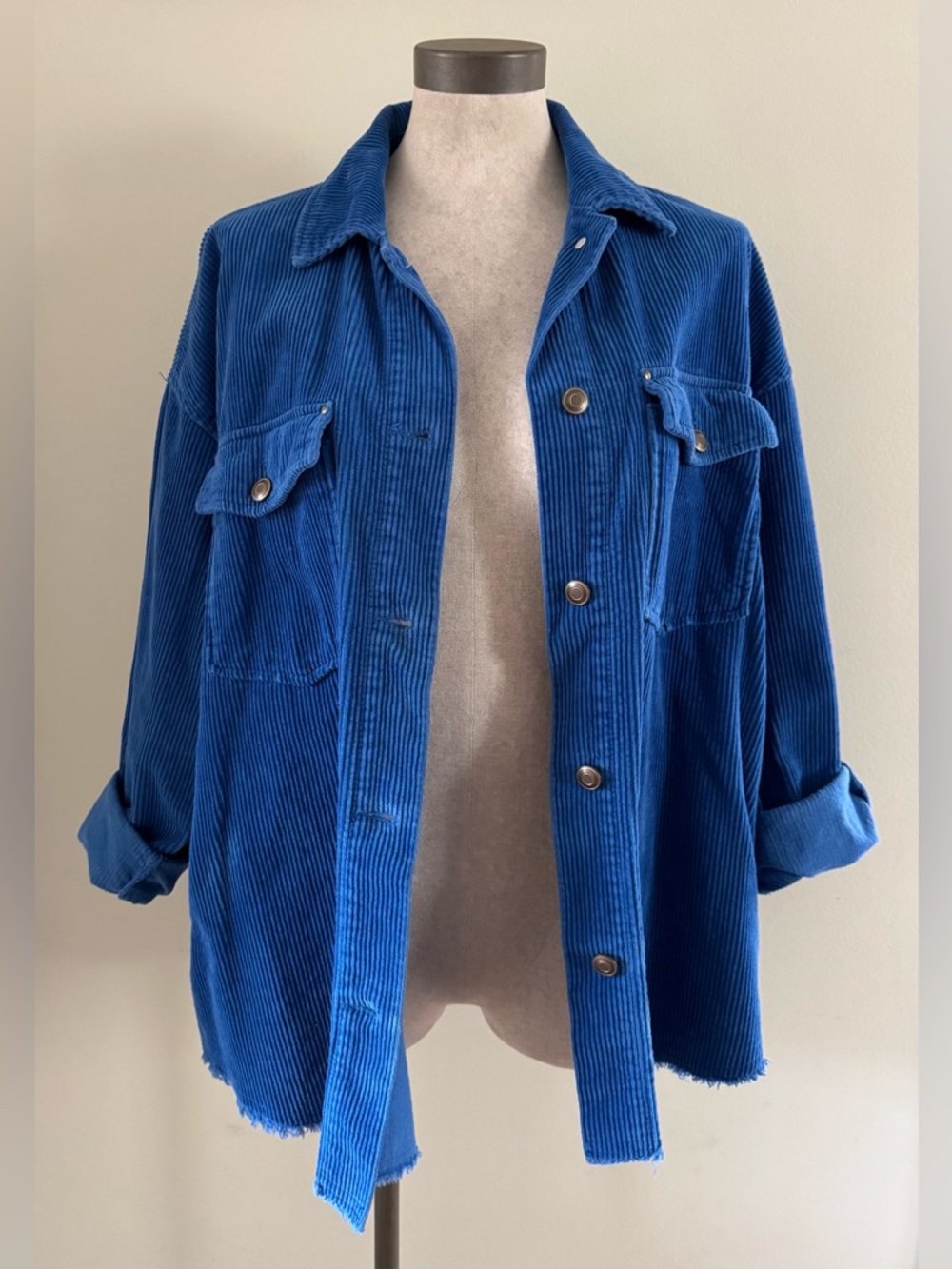 Zara Corduroy Oversized Shirt Jacket Shacket Blue L / XL Frayed Hem